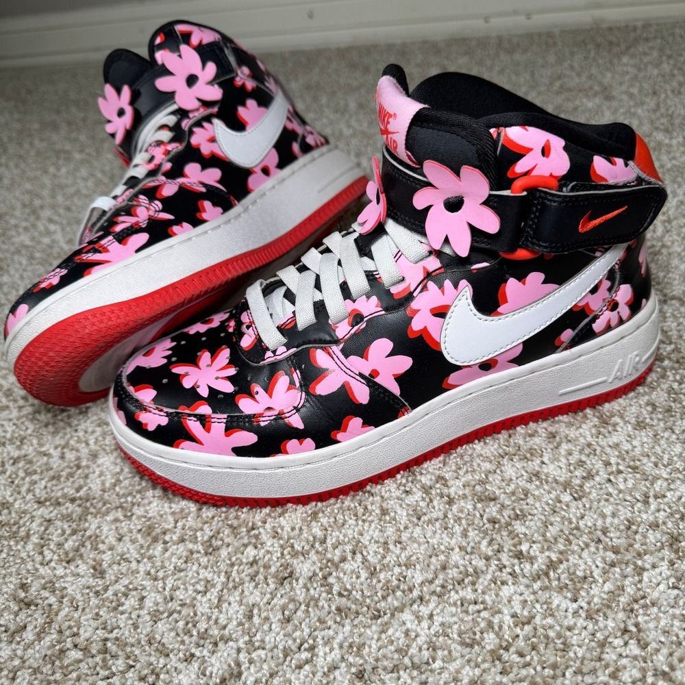 Nike Air Force 1 Size 5.5Y Mid Black Pink Red Floral Charms DX3365-001 Sneaker